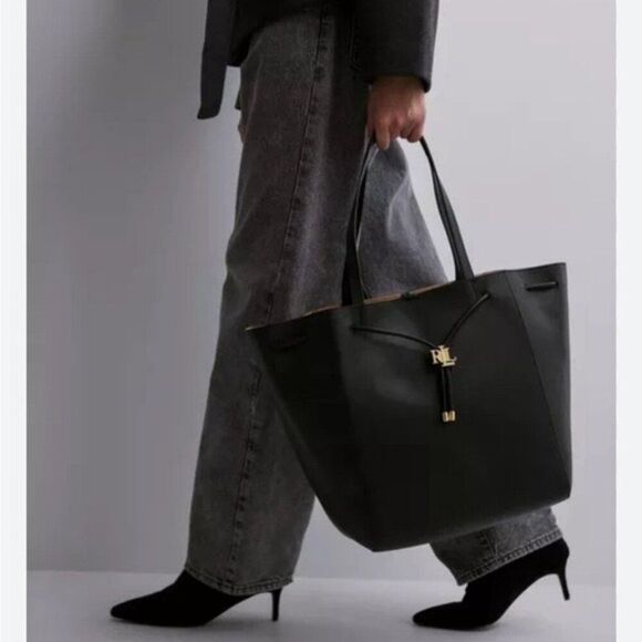 Lauren Ralph Lauren Andie Large Leather Drawstring Tote in Black, New - Picture 3 of 16